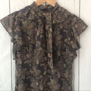 Theory silk ruffle tie button front floral feminin